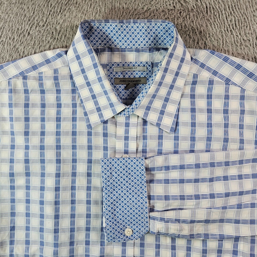 Johnston & Murphy Dress Shirt Men XXL Flip Cuff Button Long Sleeeve Blue Plaid